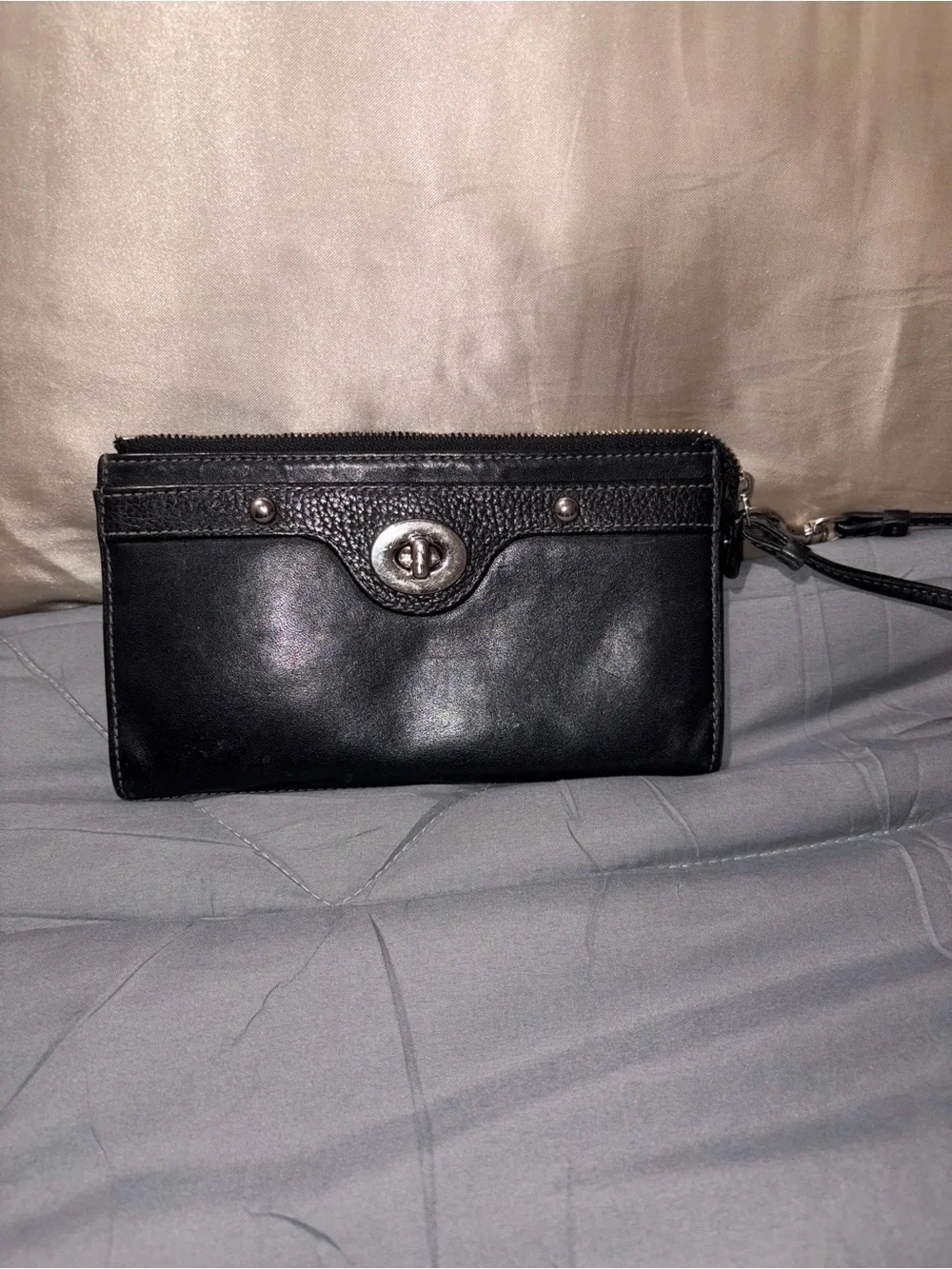 Coach Black Leather Wristlet Clutch with Turn-Lock